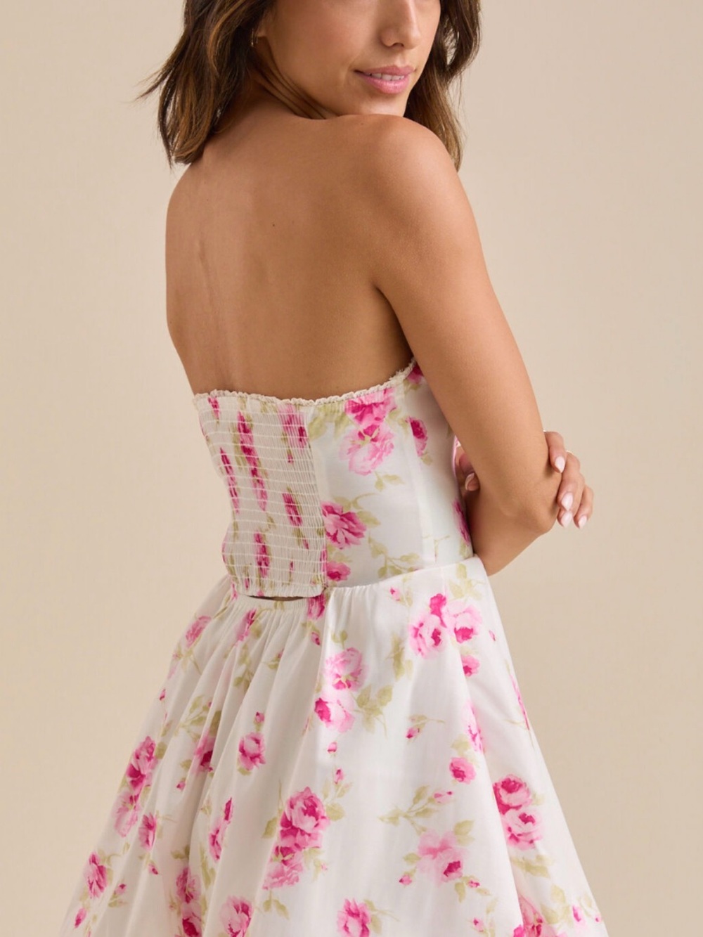 Strapless White Dress with Pink Floral Print